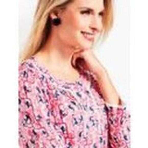 Talbots Monkey Print Tunic Top Sz 2X Pink White Embroidered - Picture 2 of 10